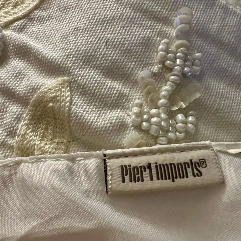 Pier 1 Imports Boho Floral Sequin Beaded White Embroidered Tassel Table Runner